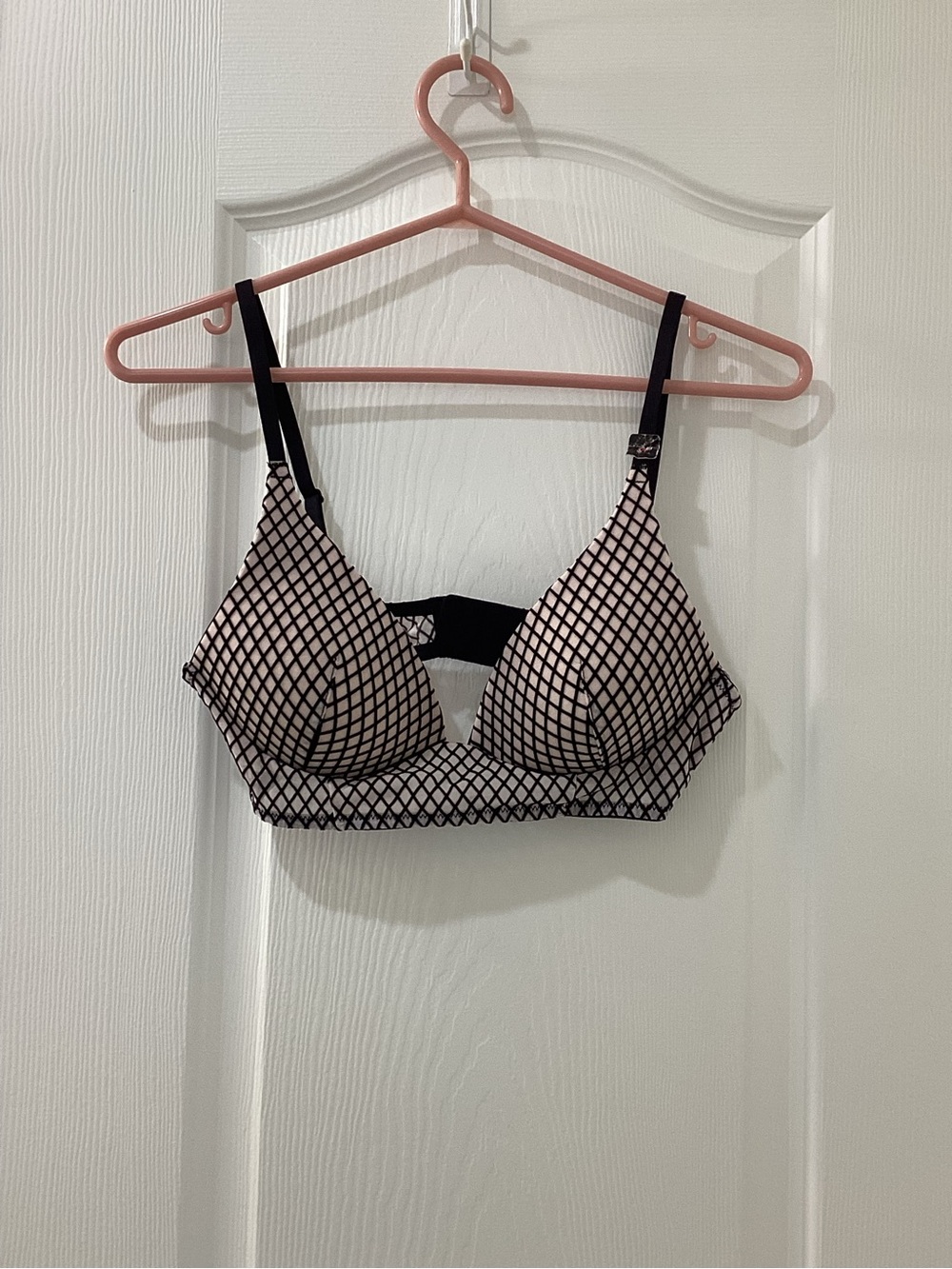 Everyday Wireless Bra with Black Mesh Overlay on Light Pink